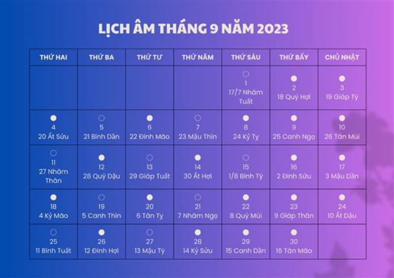 Bảng lịch âm tháng 9 năm 2023 chi tiết