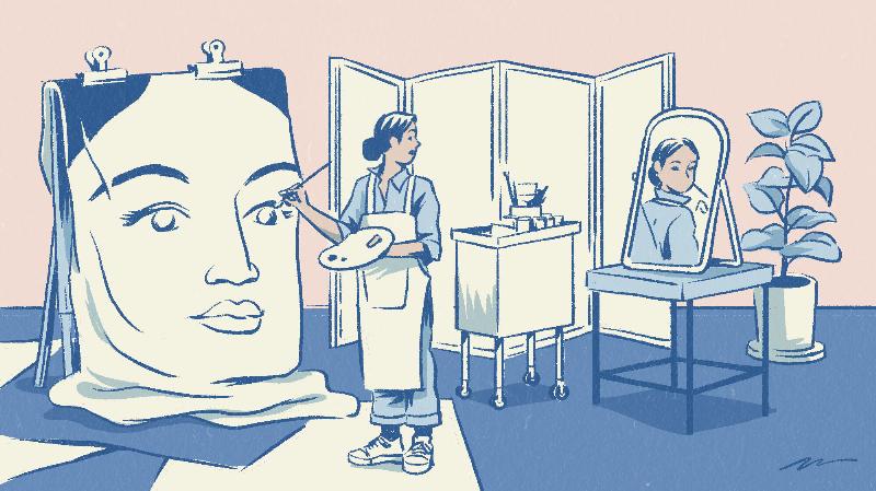 Các biểu tượng nghề nghiệp khác nhau (ví dụ: sách, máy tính, tiền, công cụ y tế) xung quanh một người đang suy nghĩ về tương lai.