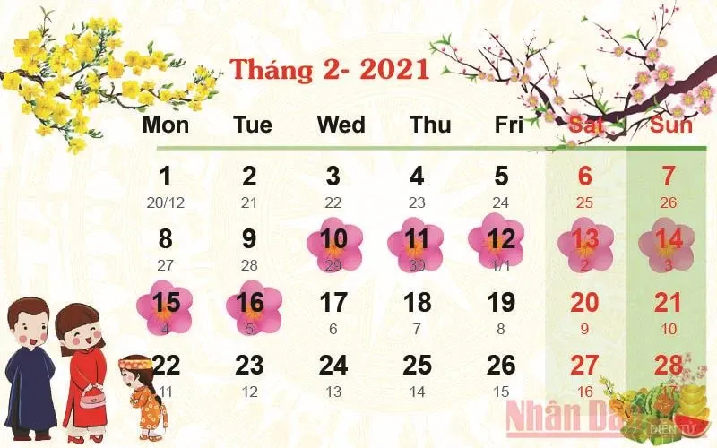 Lịch Tháng 2 Năm 2021 Dương Lịch - Ngày Lễ