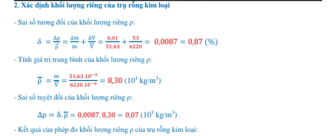 Lưu ý tính giá trị trung bình khối lượng riêng